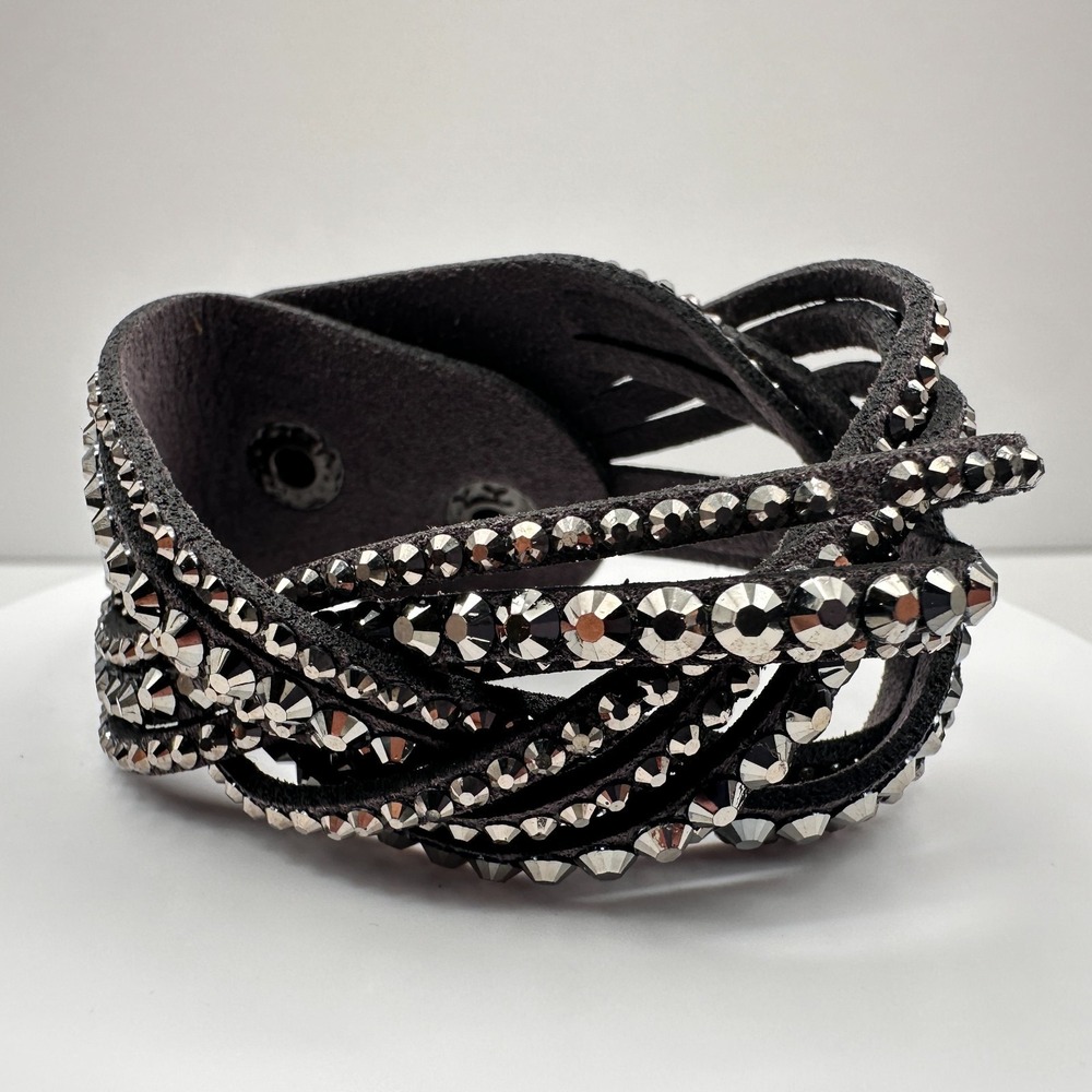 Vintage 90s Grey Suede Cuff Bracelet with Glass Crystals - Boho Style